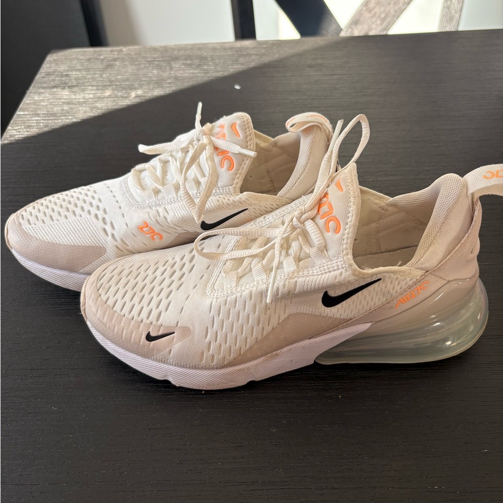 Nike Air Max 270 Cream Sneakers with Black Swoosh and Orange Accents